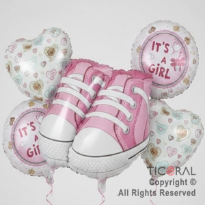 SET DE GLOBOS METALIZADO BABY ZAPATILLAS ROSA 5 UNIDADES X 1